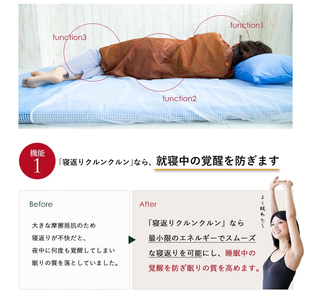機能1「寝返りクルンクルンなら、就寝中の覚醒を防ぎます」