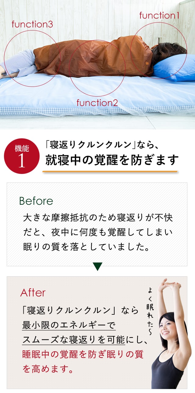 機能1「寝返りクルンクルンなら、就寝中の覚醒を防ぎます」